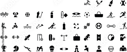 Sports fitness icons pack illustration, black outline artwork, athletic activity design, gym equipment trophy movement, recreational exercise symbol set