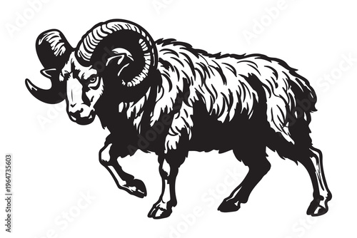 Black and white illustration of ram in dynamic charging pose, bold lines and contrasting shading highlighting muscular build, thick textured wool and large curved horns, stylized artistic design symbo
