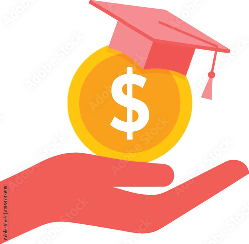 Financial Aid Concept Hand Holding Coin with Graduation Cap Symbolizing Education Funding and Investment Returns