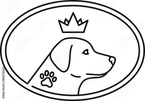 Simple black and white line art logo design featuring a royal dog's head wearing a crown inside an oval frame