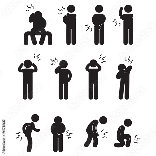 Minimalist Black Pictogram Set Illustrating Various Human Body Aches