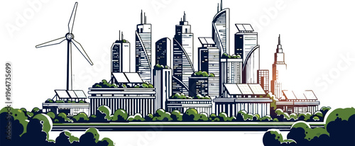 Illustration depicting a futuristic sustainable cityscape integrating renewable energy sources like solar panels and wind turbines along a waterfront at sunset.