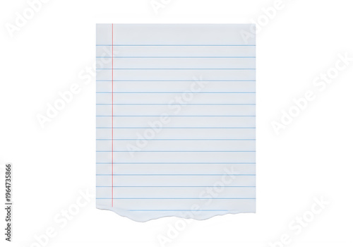 Blank lined notebook paper with blue horizontal lines and a red margin on the left side isolated on transparent background, png