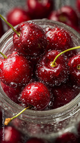 Vertical photo of fresh red cherries with water drops in a glass jar. Ripe summer fruit closeup. Healthy and juicy berry background