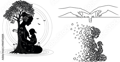 This evocative black and white illustration beautifully depicts the profound bond between a mother and child, intertwined with elements of nature and love, symbolizing deep human connection.