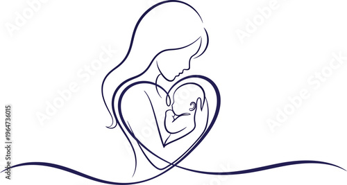 Elegant line art illustration capturing the tender embrace of a mother lovingly holding her newborn baby, symbolizing maternal love, care, and the unbreakable bond of family.