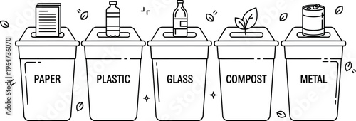 Simple line art illustration depicts five distinct recycling bins labeled for paper, plastic, glass, compost, and metal waste separation.