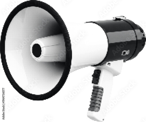 Megaphone or bullhorn black and white vector graphic, isolated on transparent background with dot pattern.