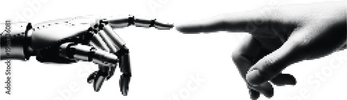 Digital halftone rendering of creation of adam, depicting human hand reaching robot hand on transparent background.