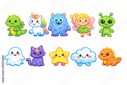 Magical Character Collection: A captivating assortment of charming characters, including a playful dragon, a whimsical unicorn, and a friendly monster, evoke joy and wonder.