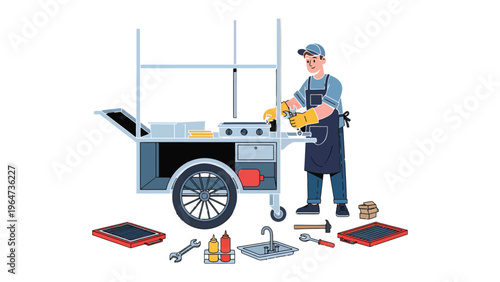 Street Vendor with Cart: A dedicated street vendor meticulously prepares his cart, ensuring every detail is perfect for a day of serving delicious treats to eager customers.