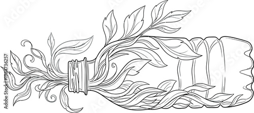 Line art illustration of a discarded plastic bottle with green leaves and vines growing vigorously out of its opening, symbolizing nature's resilience and a strong eco-friendly message.