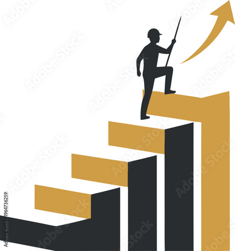 Silhouette of determined business figure ascending golden bar chart steps symbolizing career growth and ultimate achievement