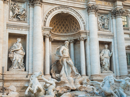 Fotografie Trevi Fountain baroque marble facade with Neptune horses and allegorical statues