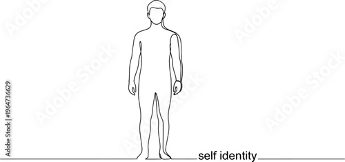 Continuous line drawing of a person standing with a shadow and a silhouette figure representing deep psychological concepts of self identity and inner self exploration.