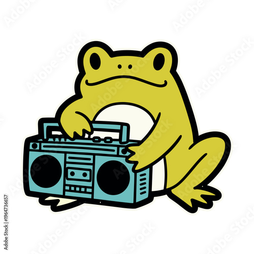 Cartoon frog enjoying music with boombox in colorful style