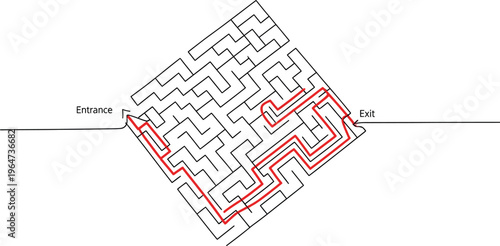 Illustration of a complex square labyrinth maze design showing the solved path marked clearly in bright red ink from the entrance to the exit.