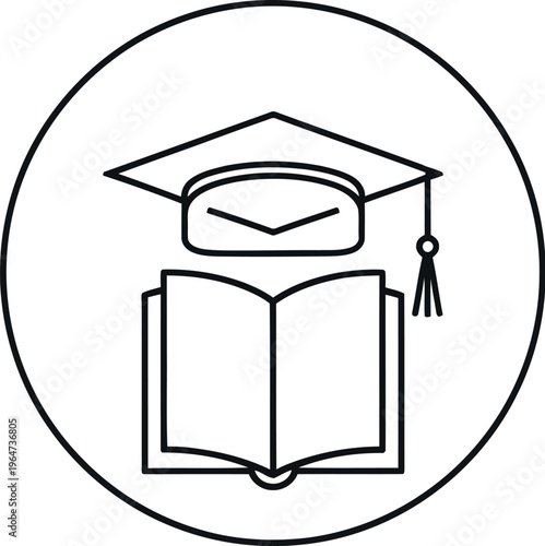 This distinct line art illustration features a graduation cap meticulously placed atop an open book, symbolizing academic journey, knowledge acquisition, and the profound pursuit of higher learning.
