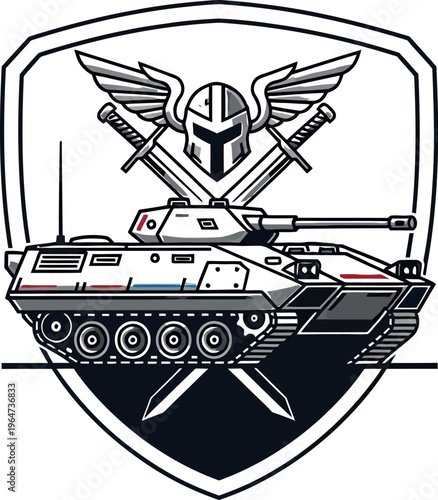 Stylized illustration of a modern armored fighting vehicle centered within a military crest featuring a winged warrior helmet and crossed swords.