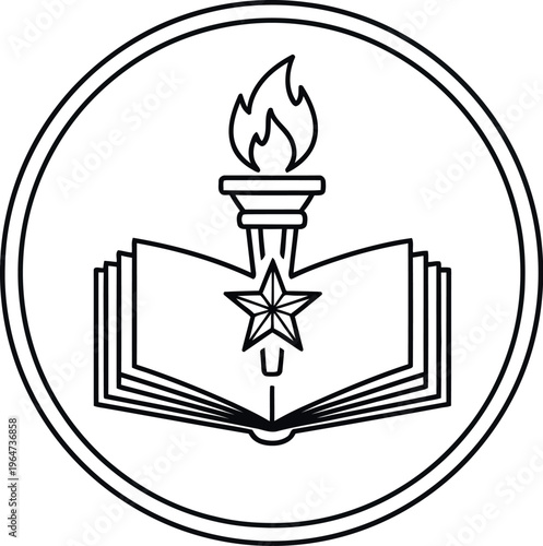 Stylized line art emblem featuring an open book, a burning torch, and a star, symbolizing universal knowledge, higher education, academic achievement, and the pursuit of wisdom.