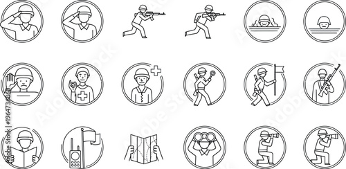 Collection of diverse military service icons depicting soldiers performing various actions like saluting shooting and navigating terrain