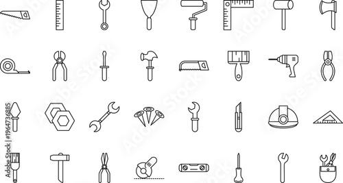 Collection of black line icons representing various essential building, carpentry, and repair tools for construction work.
