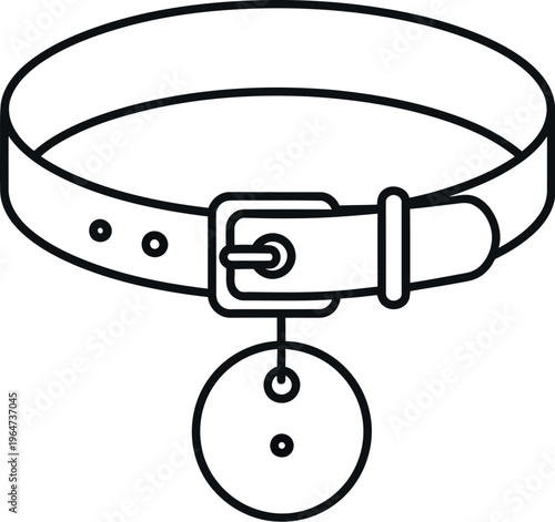 Simple black and white line art icon representing a classic pet collar with an attached circular identification tag ready for customization.