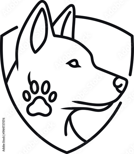 Minimalistic line art logo featuring a loyal dog's head in profile, accompanied by a small paw print, all elegantly enclosed within a protective shield design, symbolizing pet care and security.