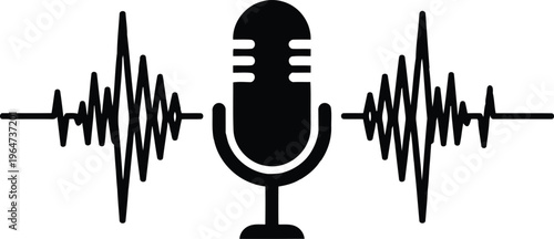 A minimalist black icon featuring a vintage microphone flanked by symmetrical audio wave forms Vector