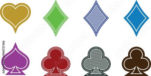 Set of eight colorful playing card suit icons isolated on white background for design projects.