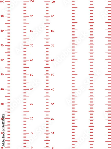 Set of five parallel measuring scales showing numerical increments from zero to one hundred.