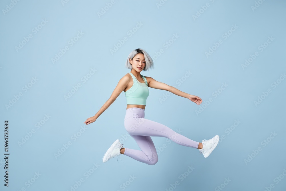 Fototapeta premium Woman jumping in pastel activewear against blue studio backdrop