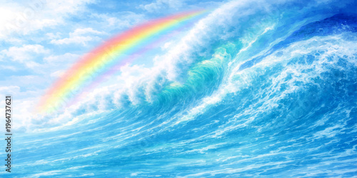 Abstract blue water waves create a beautiful ocean landscape where the sea meets the summer sky under bright sun light and white clouds reflecting on the horizon