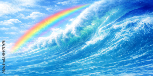 A beautiful rainbow reflects across the summer sky and blue ocean water, creating a heavenly light over the horizon where white clouds meet the serene nature of the sea
