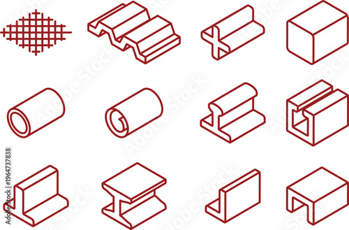 Isometric icon set displaying various industrial metal profiles, shapes, and structural components.