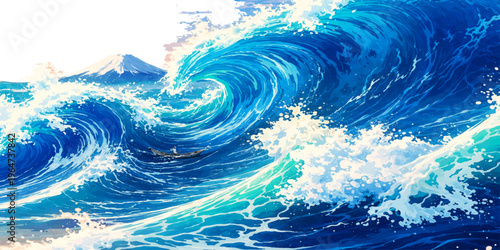 Clear blue water waves ripple across the deep ocean surface under a summer sky with clouds reflecting on the liquid texture of the sea horizon