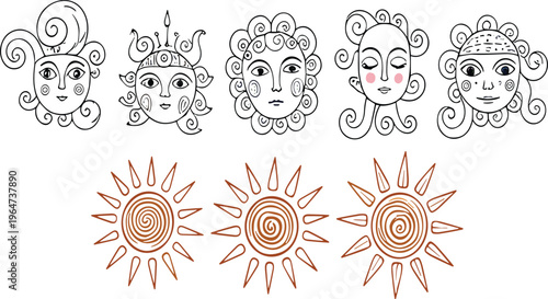 Mythological Sun Face Collection Featuring Hand Drawn Celestial Characters, Abstract Sun Symbols and Decorative Line Art Vector Illustration Set