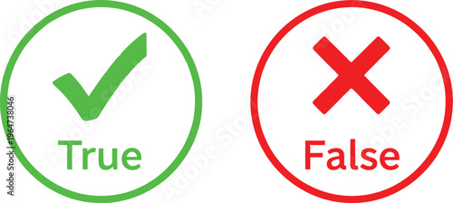 A green checkmark for true and a red cross for false displayed within circular outlines icon Vector