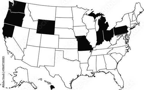 A black and white map of the united states of america with select states highlighted in black. Vector