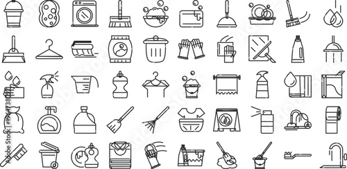 Collection of essential household cleaning supplies and maintenance tools line icons set.