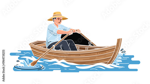 Rowing in Serenity: A lone figure rows a wooden boat through gentle waters, evoking feelings of solitude and self-reliance, with the peaceful rhythm of oars breaking the surface.