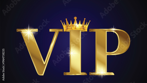 Golden vip text with crown on dark blue background