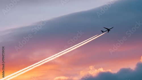 Airplane soaring through vibrant sunset skies leaving contrail streaks
