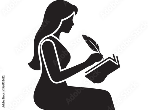 Woman writing with quill pen and book in hand, sitting in contemplative pose with long hair featuring silhouette, illustration, graphic with vector
