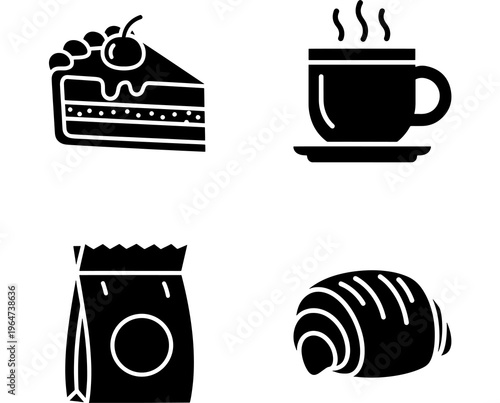 Food icons set with cake slice, steaming coffee cup, paper bag, and croissant in black silhouette style.