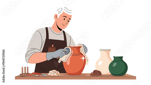 Artisan at Work: An artisan meticulously polishes a terracotta vase, surrounded by other ceramic creations, showcasing the craft and care that goes into each piece.