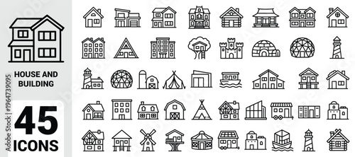 House and building icon set featuring global dwelling types including cabins, barns, igloos, castles, lighthouses, yurts, teepees, domes, apartments, and modern homes