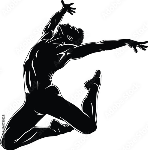 Silhouette male ballet dancer performing dynamic jump expressing strength and flexibility in motion.