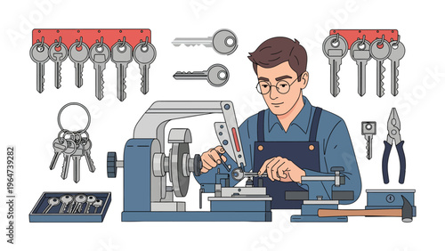 Precision and Craftsmanship: A skilled locksmith meticulously crafting a new key using specialized equipment, showcasing expertise and attention to detail.
