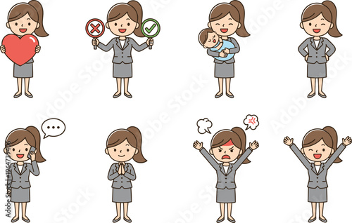 Vector illustration of cartoon businesswoman in multiple expressive poses with heart, signs, child, phone, emotions, and celebration